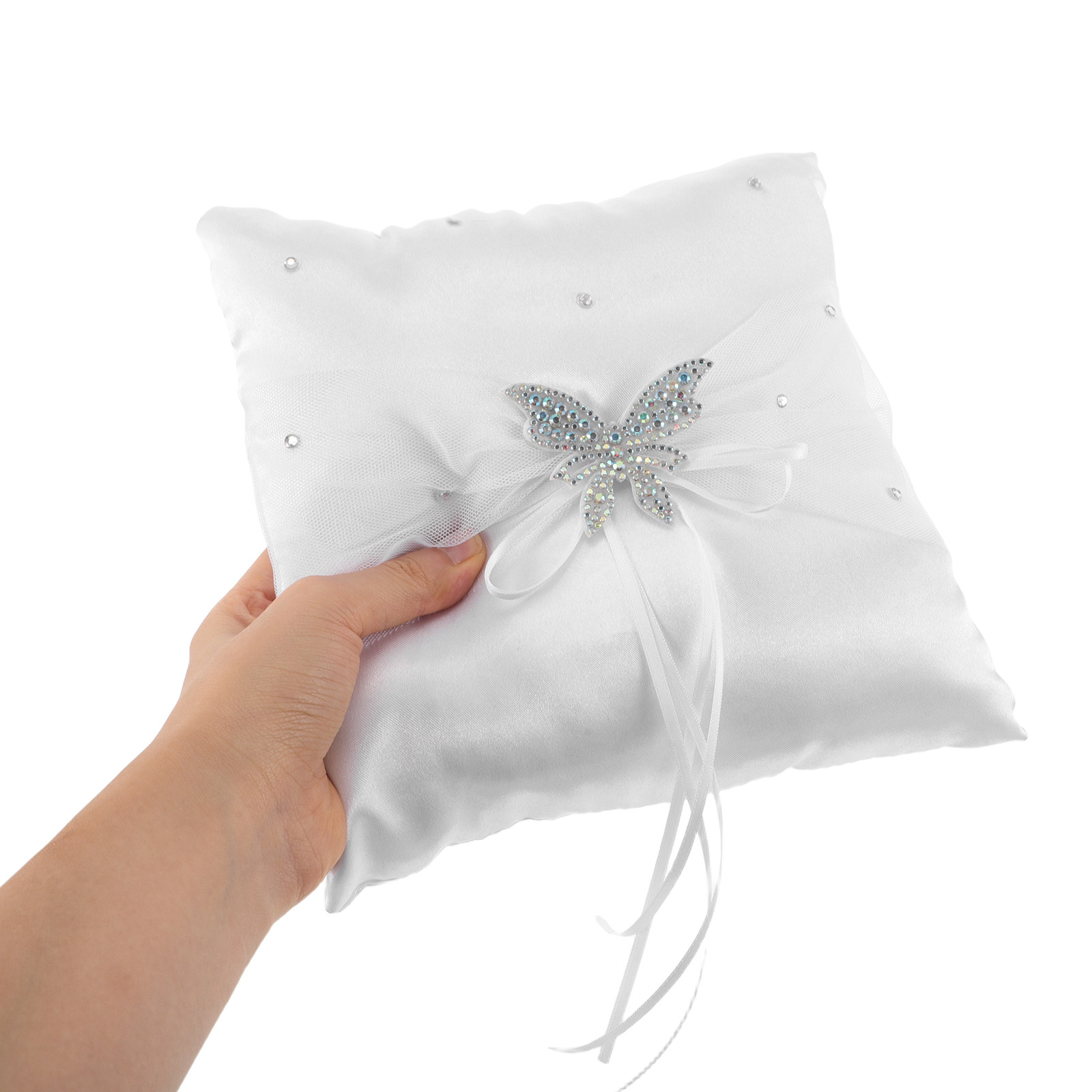 Ring Bearer Pillow - Trouwringkussen Wit Satijn Strass Strik Kant
