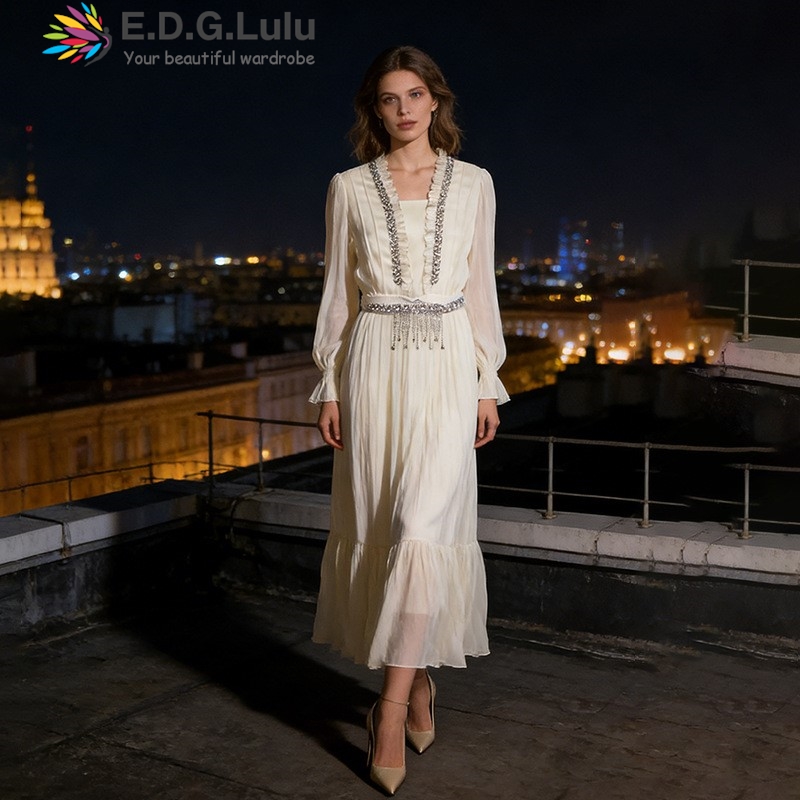 Wedding Lulu - EDGLuLu Elegante Witte Chiffon Lange Jurken